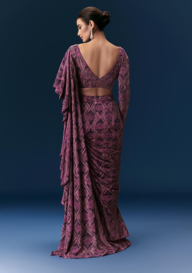 Pink Abstract Printed Pre Draped Saree Set