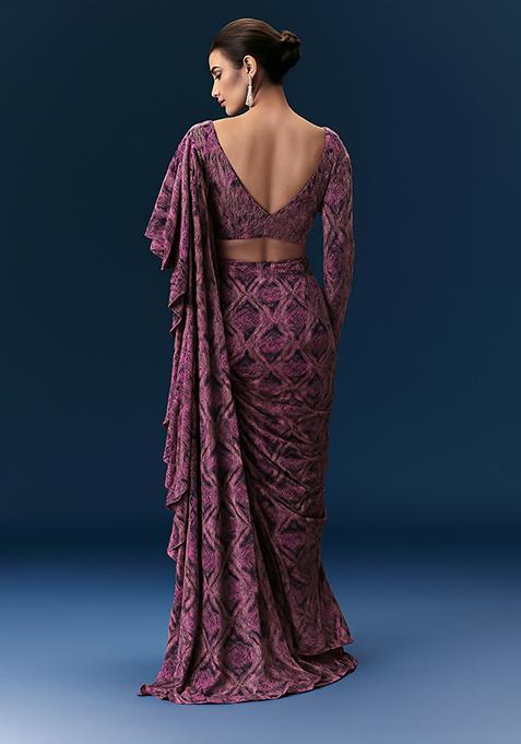 Pink Abstract Printed Pre Draped Saree Set