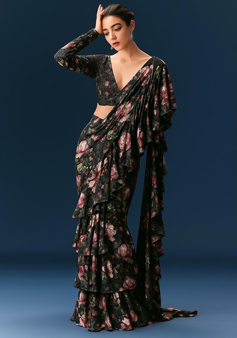 Black Floral Printed Pre Draped Saree Set