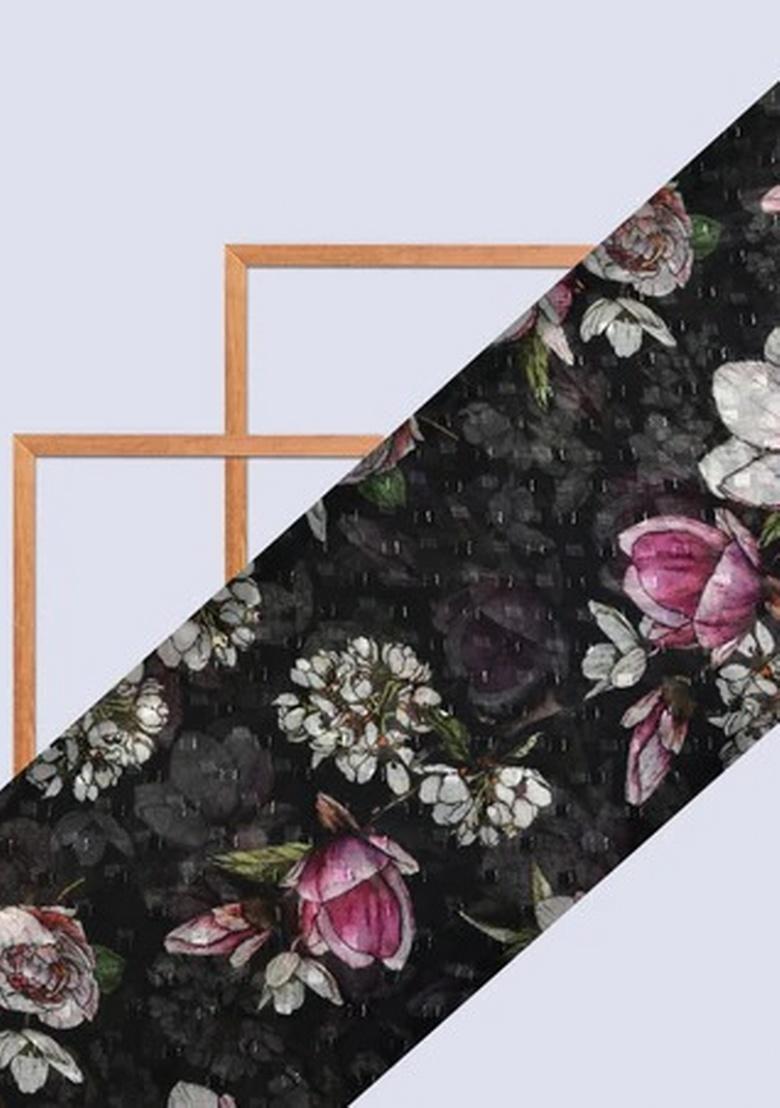 Black Floral Printed Pre Draped Saree Set