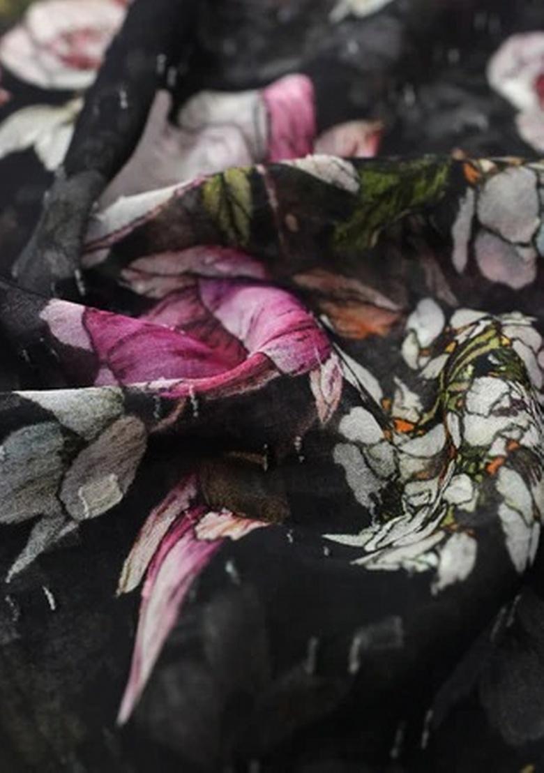 Black Floral Printed Pre Draped Saree Set