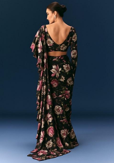 Black Floral Printed Pre Draped Saree Set