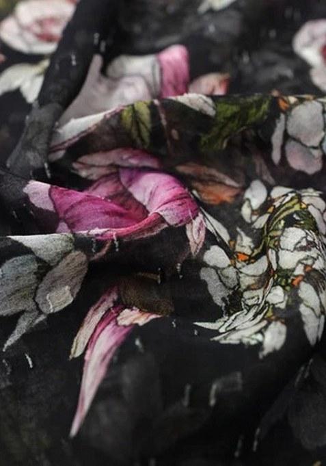 Black Floral Printed Pre Draped Saree Set