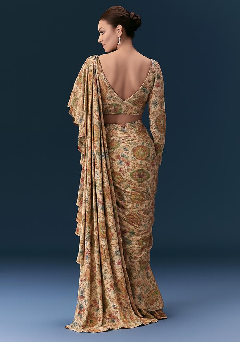 Beige Floral Printed Pre Draped Saree Set