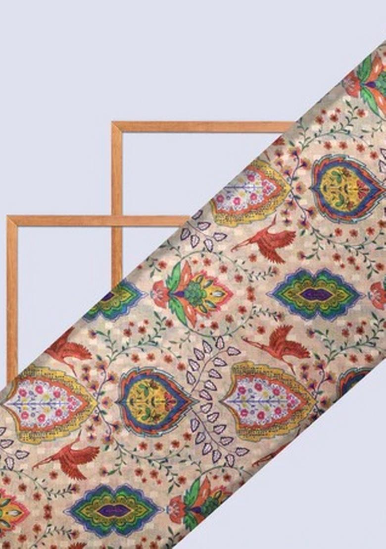 Beige Floral Printed Pre Draped Saree Set