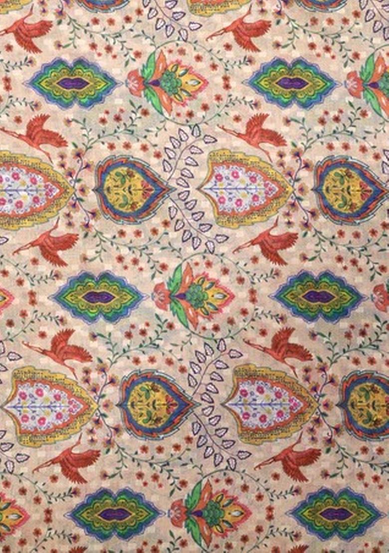 Beige Floral Printed Pre Draped Saree Set