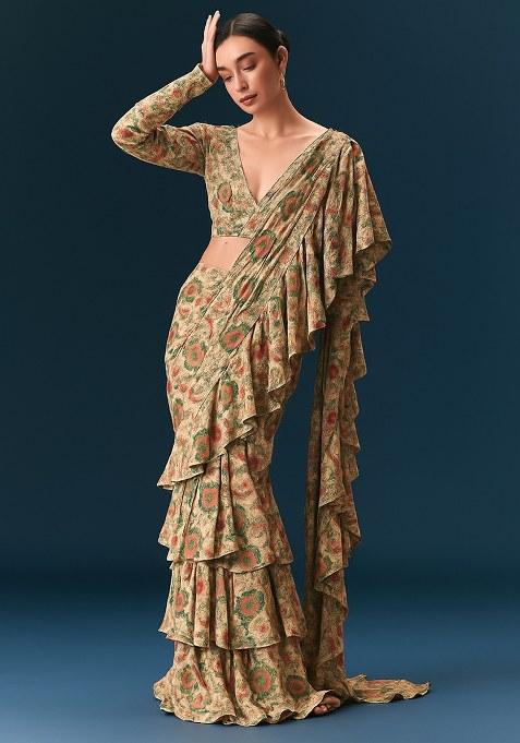 Beige Floral Printed Pre Draped Saree Set