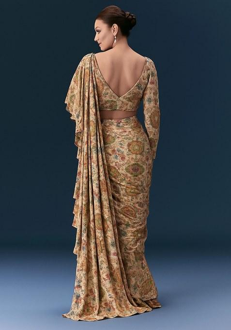 Beige Floral Printed Pre Draped Saree Set