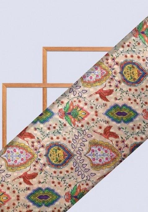 Beige Floral Printed Pre Draped Saree Set