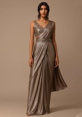 Rose Pink Foil Printed Pre Draped Saree Set