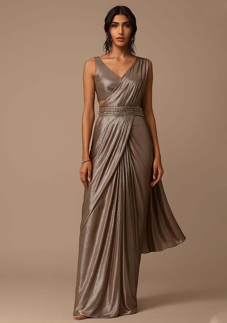 Rose Pink Foil Printed Pre Draped Saree Set