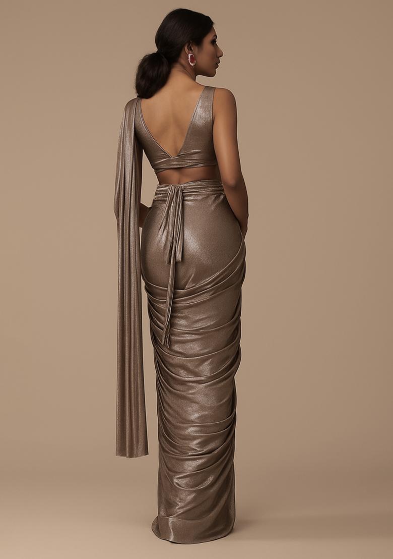 Rose Pink Foil Printed Pre Draped Saree Set