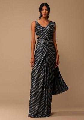 Blue Foil Printed Pre Draped Saree Set