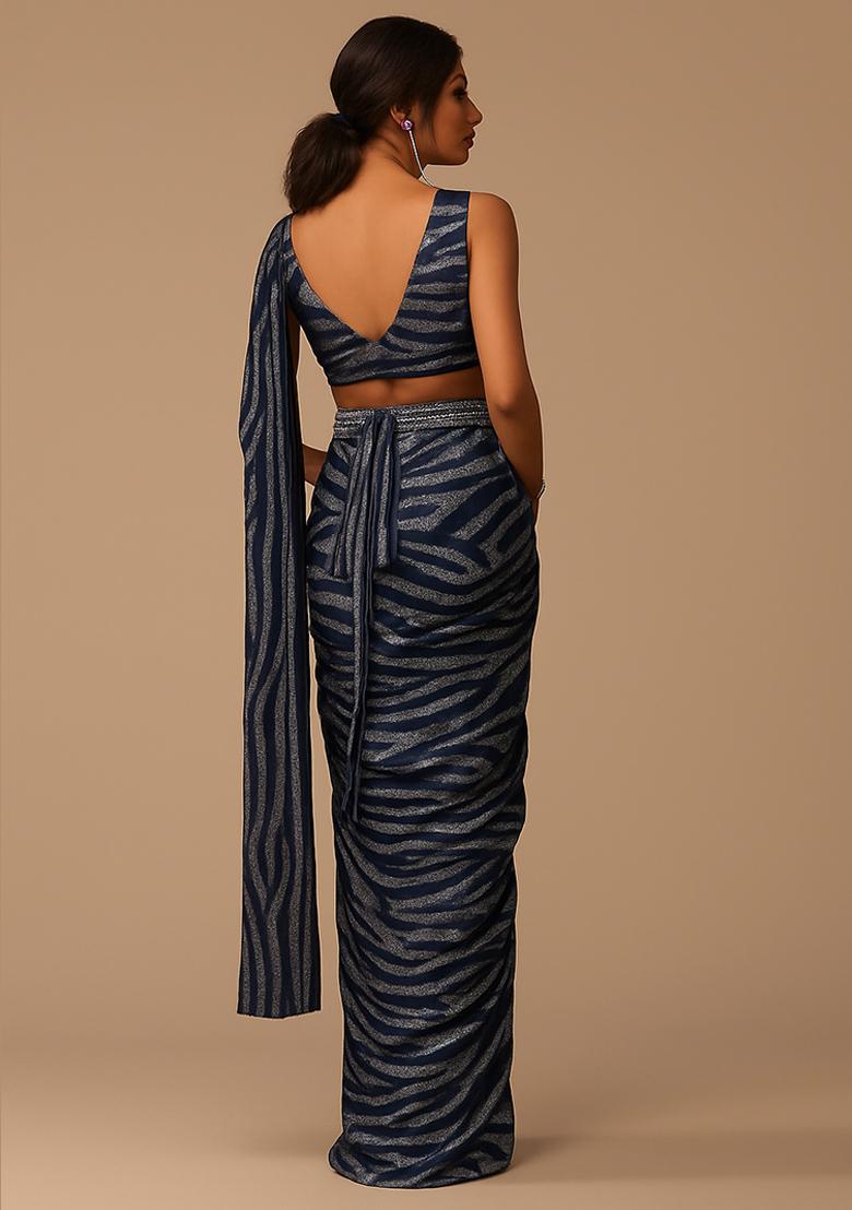 Blue Foil Printed Pre Draped Saree Set - Indya