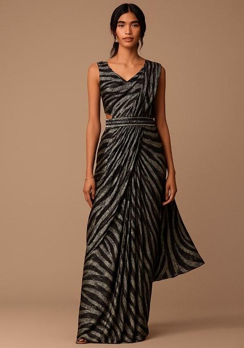 Black Foil Printed Pre Draped Saree Set