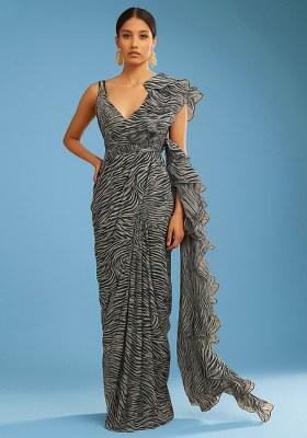 Black And White Georgette Abstract Printed Pre Draped Saree Set