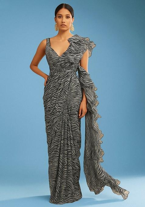 Black And White Georgette Abstract Printed Pre Draped Saree Set