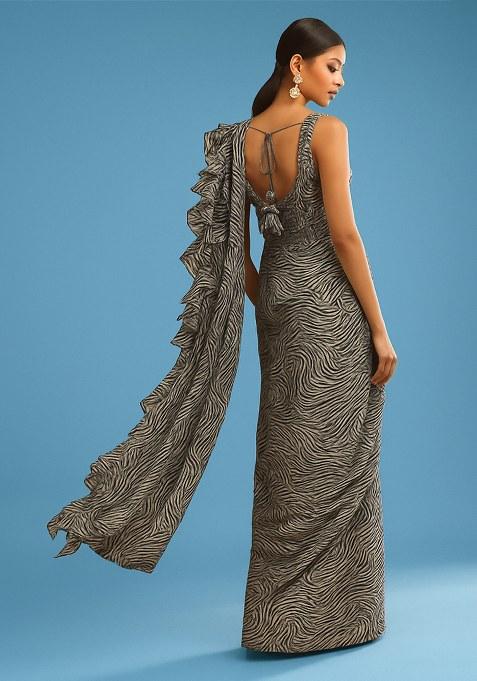 Black And White Georgette Abstract Printed Pre Draped Saree Set