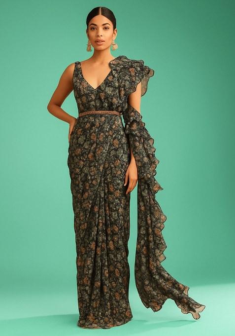 Green Georgette Floral Printed Pre Draped Saree Set