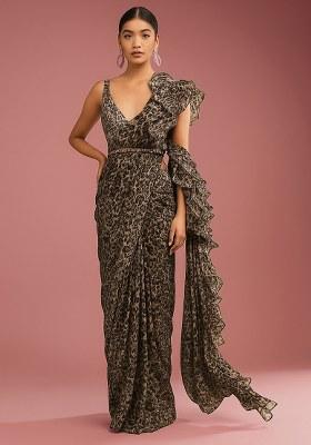 Brown Georgette Abstract Printed Pre Draped Saree Set