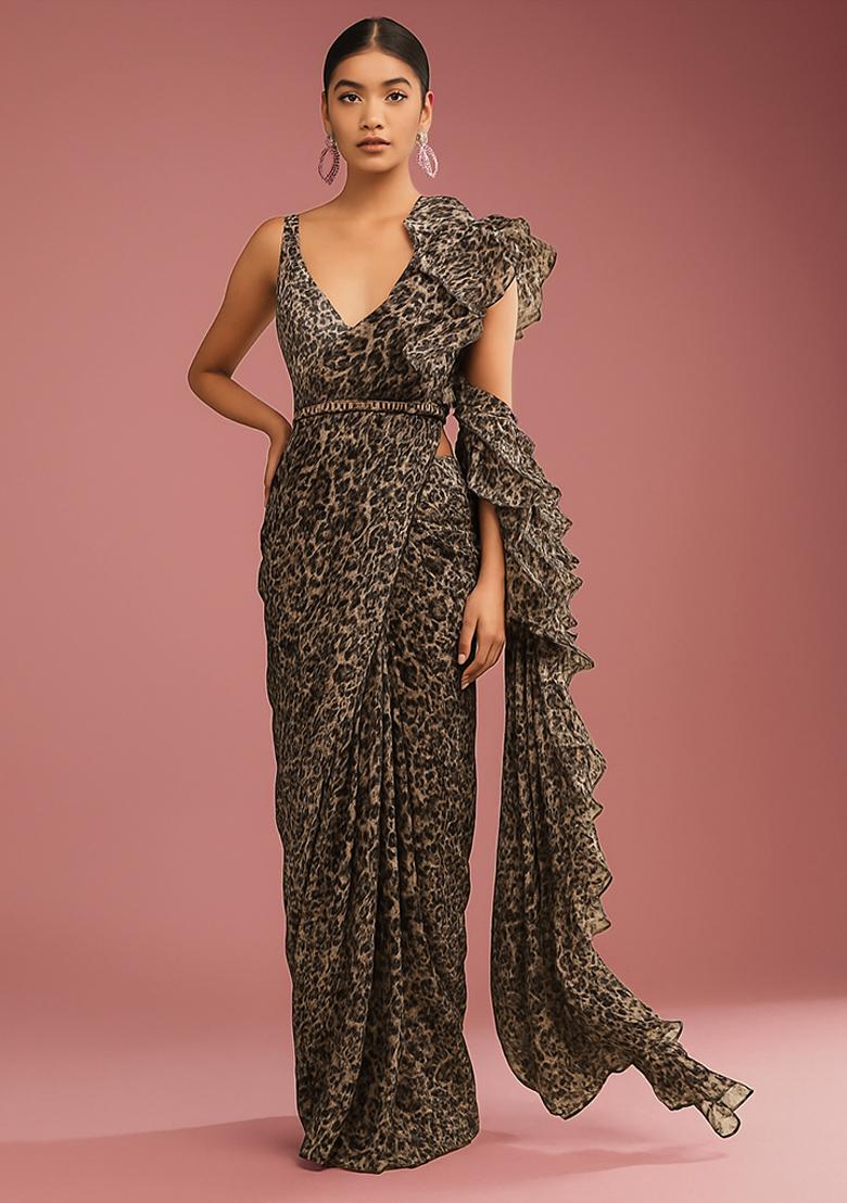 Brown Georgette Abstract Printed Pre Draped Saree Set