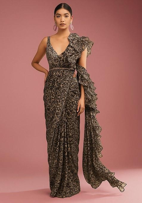 Brown Georgette Abstract Printed Pre Draped Saree Set