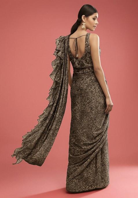 Brown Georgette Abstract Printed Pre Draped Saree Set
