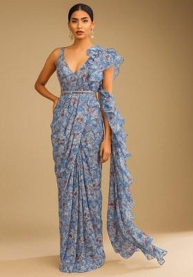 Blue Georgette Floral Printed Pre Draped Saree Set
