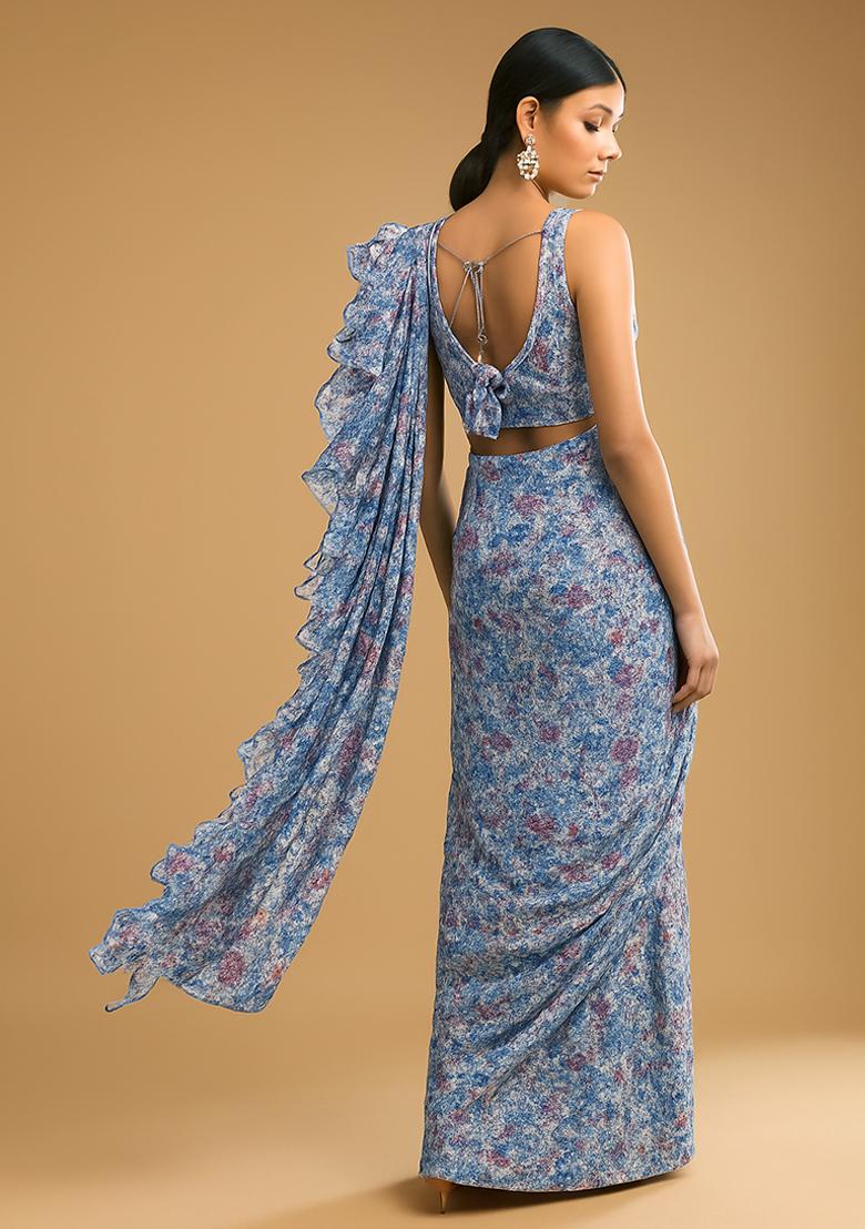 Blue Georgette Floral Printed Pre Draped Saree Set - Indya