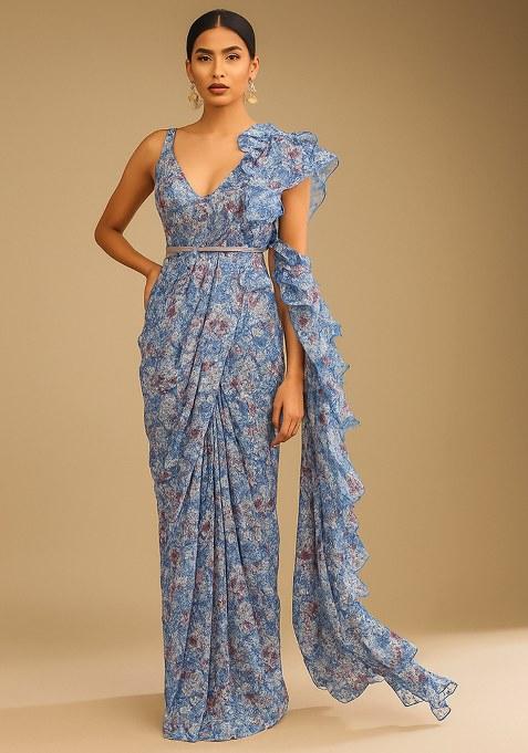 Blue Georgette Floral Printed Pre Draped Saree Set