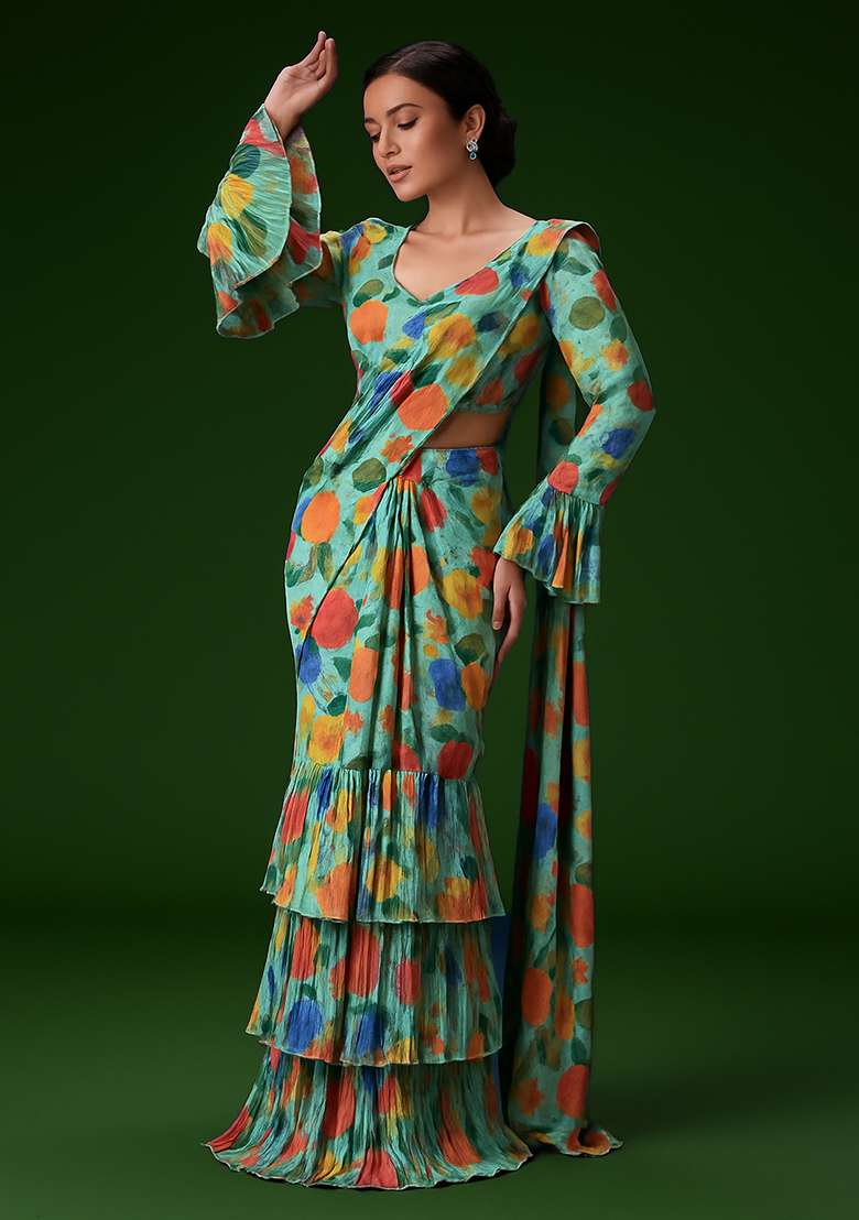 Multicolor Abstract Print Georgette Pre Draped Saree Set - Indya
