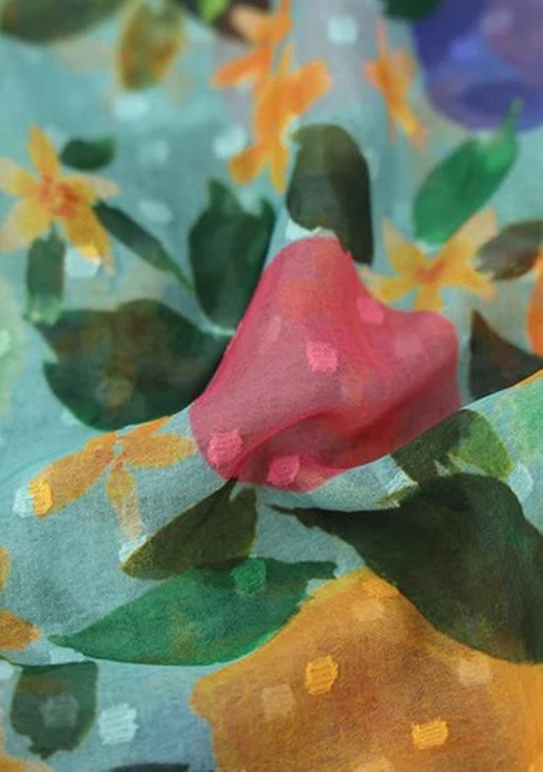 Multicolor Abstract Print Georgette Pre Draped Saree Set - Indya