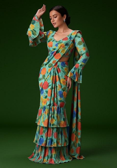 Multicolor Abstract Print Georgette Pre Draped Saree Set