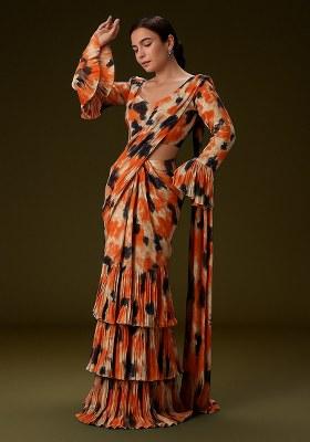 Multicolor Abstract Print Georgette Pre Draped Saree Set