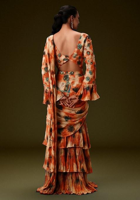 Multicolor Abstract Print Georgette Pre Draped Saree Set