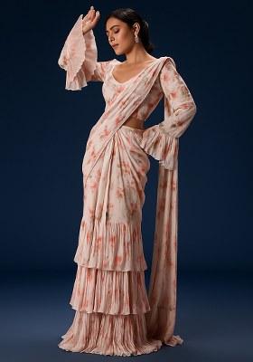 Peach Floral Print Georgette Pre Draped Saree Set
