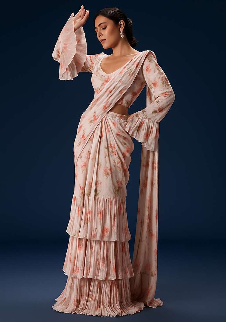 Peach Floral Print Georgette Pre Draped Saree Set - Indya