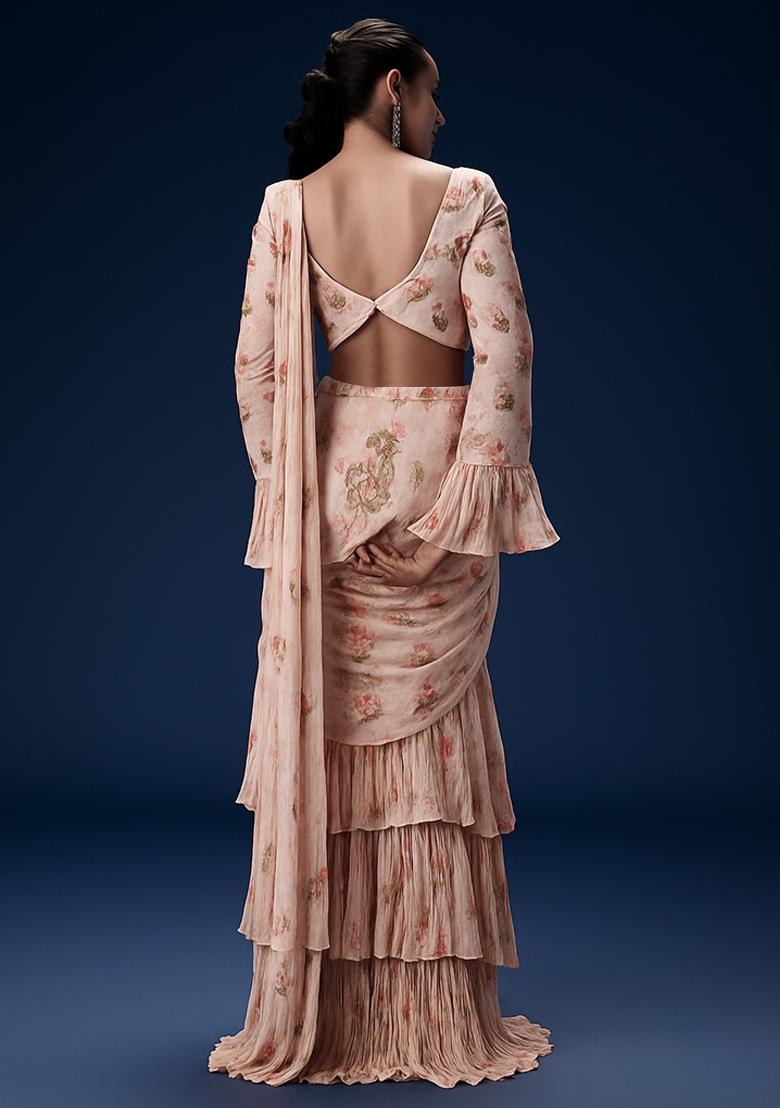 Peach Floral Print Georgette Pre Draped Saree Set - Indya