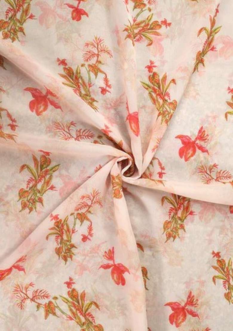 Peach Floral Print Georgette Pre Draped Saree Set - Indya