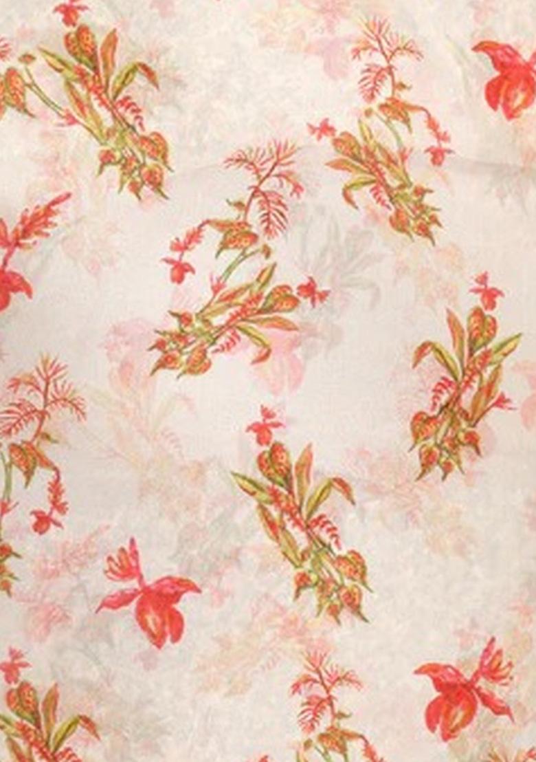 Peach Floral Print Georgette Pre Draped Saree Set - Indya