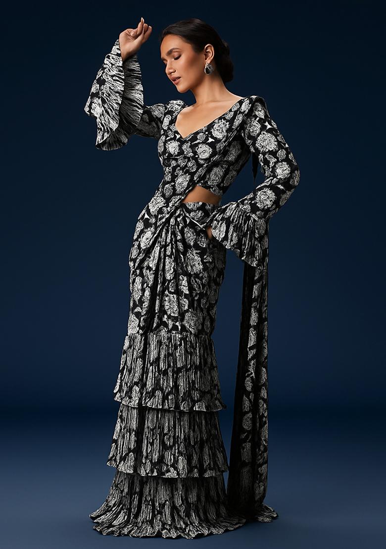 Black Floral Print Georgette Pre Draped Saree Set
