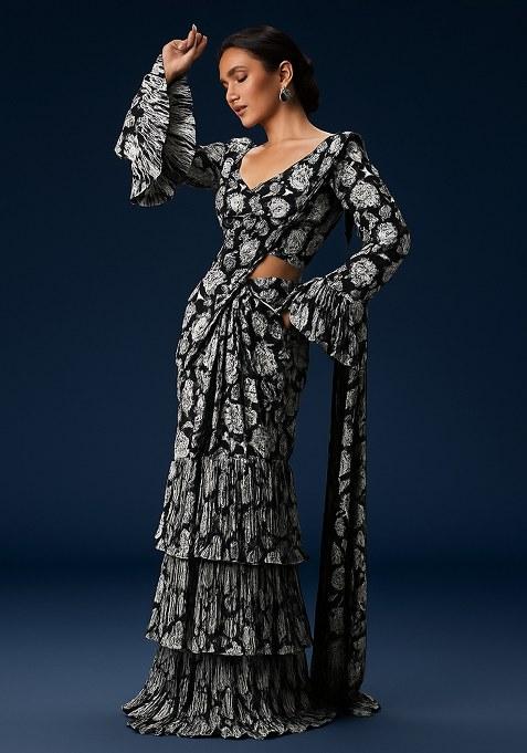 Black Floral Print Georgette Pre Draped Saree Set