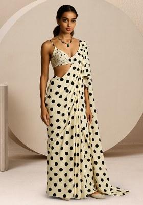 Black And White Polka Dot Print Crepe Pre Draped Saree Set
