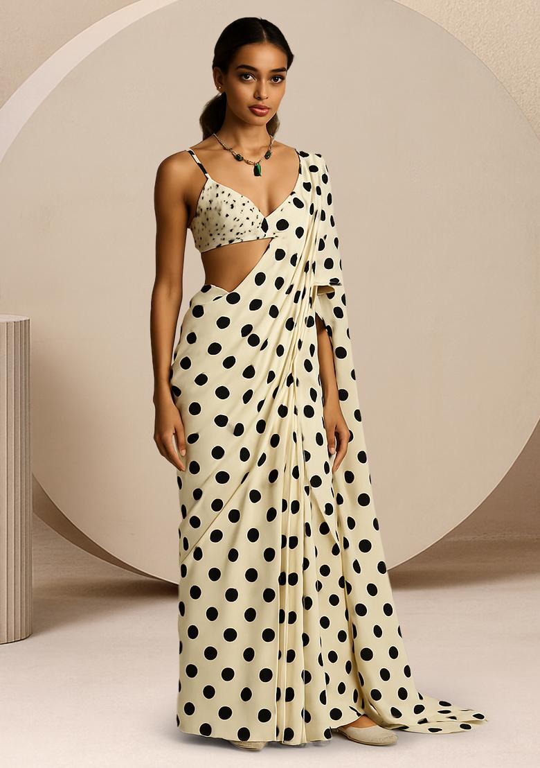 Black And White Polka Dot Print Crepe Pre Draped Saree Set