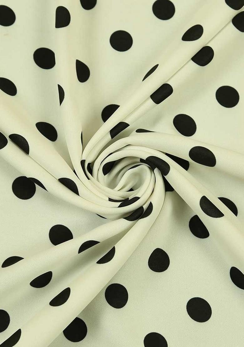 Black And White Polka Dot Print Crepe Pre Draped Saree Set - Indya