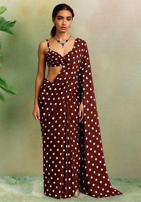 Brown Polka Dot Print Crepe Pre Draped Saree Set