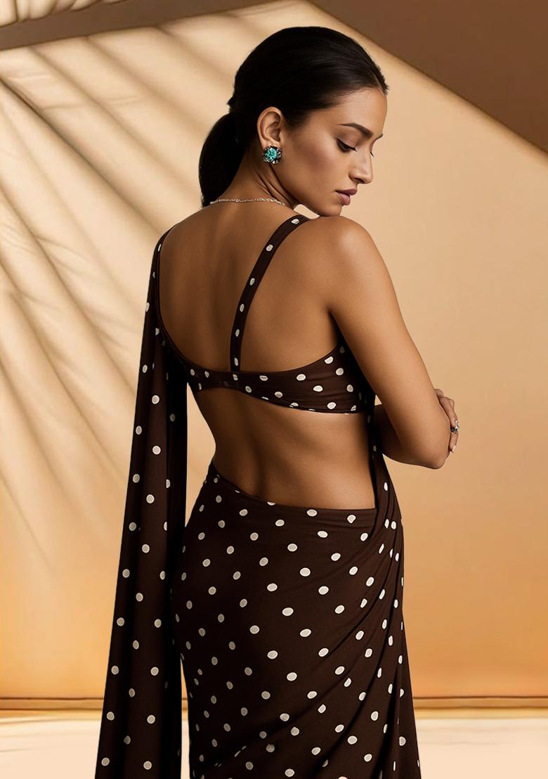 Brown Polka Dot Print Crepe Pre Draped Saree Set - Indya