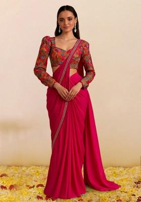 Pink Embroidered Crepe Pre Draped Saree Set