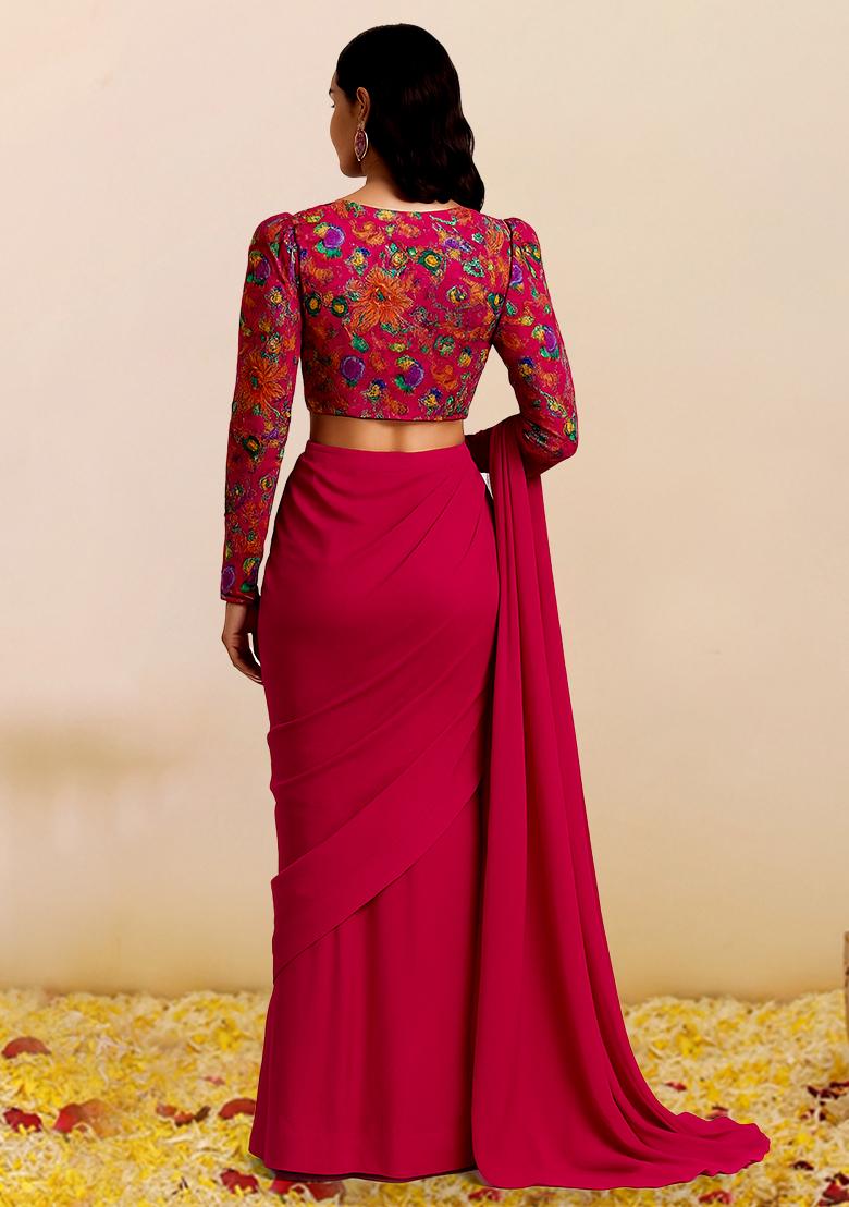 Pink Embroidered Crepe Pre Draped Saree Set - Indya