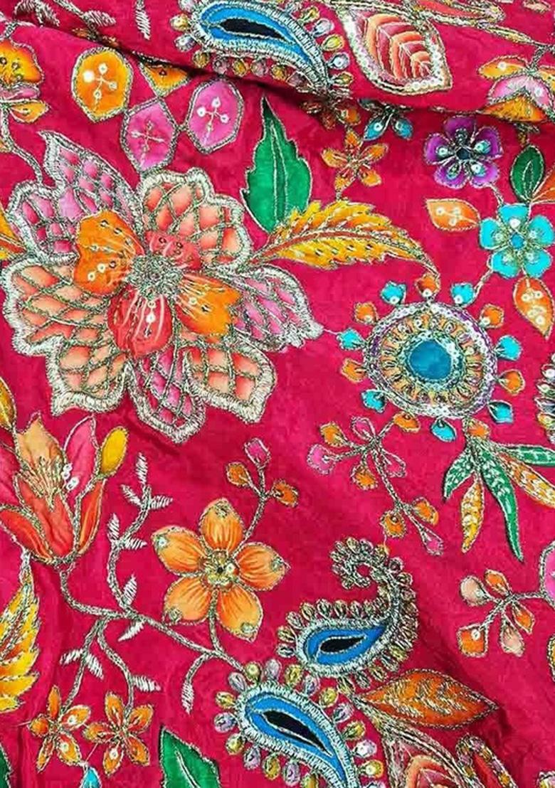 Pink Embroidered Crepe Pre Draped Saree Set - Indya